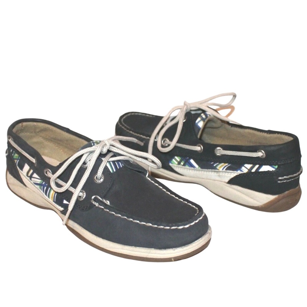 Sperry Leather Women's Bluefish Navy Blue Plaid Slip On Boat Shoe Nautical‎ 7.5